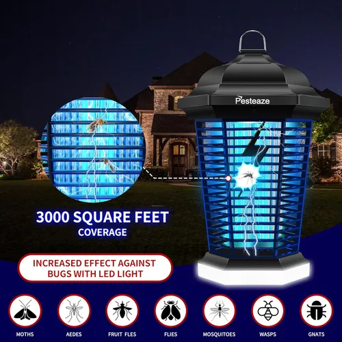Vista 3 de Exterminador de insectos para exteriores con luz LED, matamoscas eléctrico de 5600 V, matamosquitos enchufable, enchufe de 3 puntas, exterminador