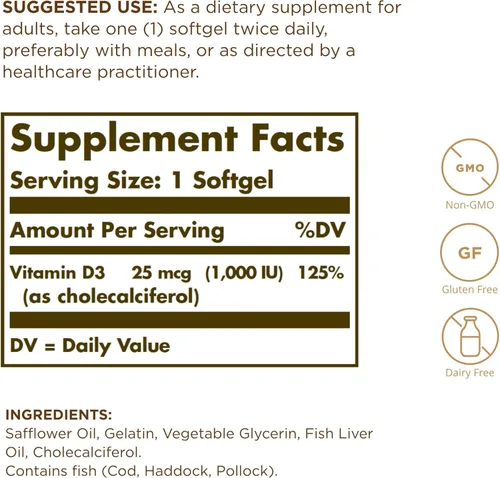 Vista 2 de Solgar Vitamina D3 (colecalciferol) 25 mcg (1000 UI) - 100 cápsulas blandas - Ayuda a mantener huesos y dientes saludables - Apoyo al sistema