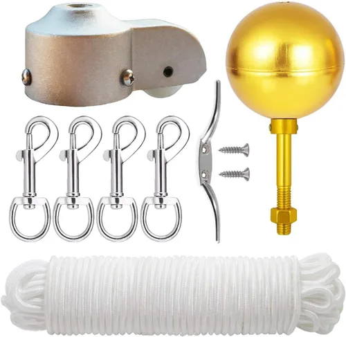 EKEV Kit de reparación de piezas de hardware para mástil de bandera, bola dorada de 3 pulgadas + cuerda de halyard de 50 pies + gancho para tacos de