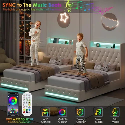 Vista 3 de HIFIT Marco de cama matrimonial LED completo con estación de carga y 4 cajones de almacenamiento, cama plataforma tapizada en terciopelo