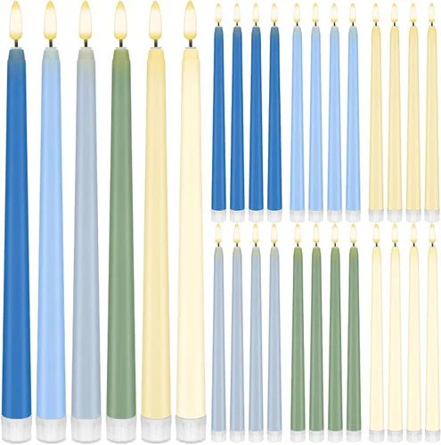 Vista 9 de Baquler 24 velas cónicas sin llama de 11 pulgadas, color rosa y verde, funciona con pilas, velas LED coloridas y parpadeantes de plástico dorado