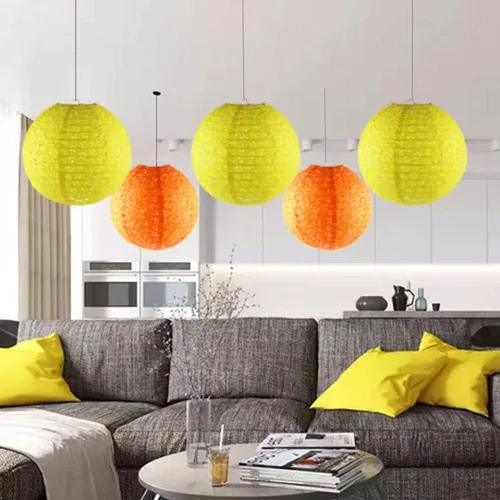 Vista 7 de Paquete de 12 linternas de papel chinas, japonesas, colgantes con luces LED, borlas redondas de 8 pulgadas para decoraciones de Año Nuevo lunar