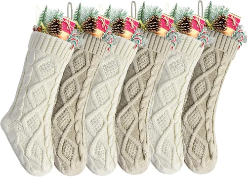 Vista 17 de Paquete de 6, 14" Medias de Navidad de Punto Únicas Color Borgoña y Blanco Marfil Estilo2