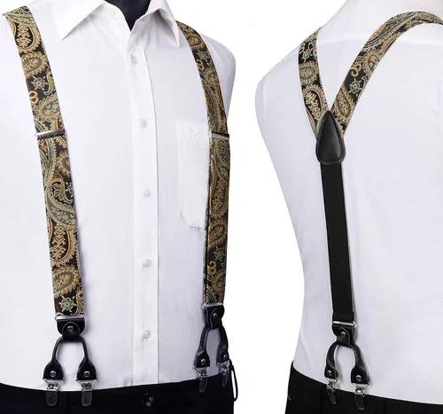 Vista 3 de HISDERN Floral Paisley Suspenders and Bow Tie for Men Strong 6 Clips Adjustable Suspender Self Bowtie Pocket Square Set