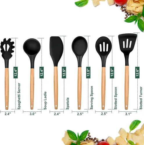 Vista 2 de E-far Juego de 6 utensilios de cocina de silicona con mango de madera, utensilios de cocina antiadherentes y resistentes al calor, incluye