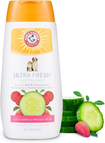 Arm & Hammer Ultra Fresh Champú desenredante 2 en 1 + acondicionador, aroma a pera de pepino, baño para perros con aceite de coco, bicarbonato de