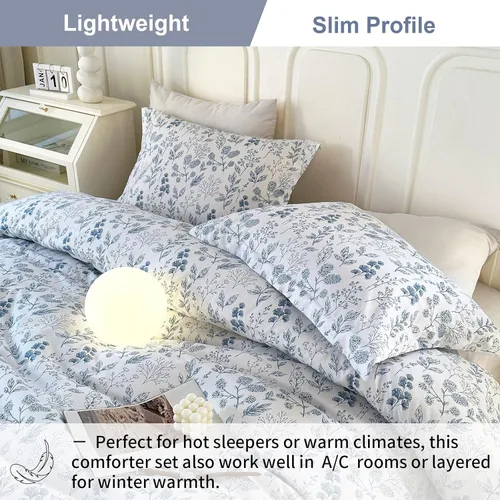 Vista 5 de EAVD Juego de edredón floral azul Twin/Twin XL blanco, microfibra suave, 3 piezas, juego de edredón bohemio con flores botánicas para niñas con 2