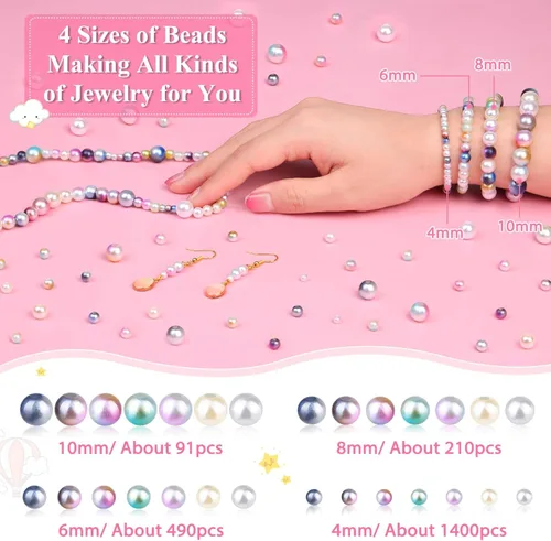 Vista 4 de Aenezus 2200 piezas cuentas de perlas multicolores, 4/6/8/10mm perlas sueltas para manualidades con agujeros para hacer joyas