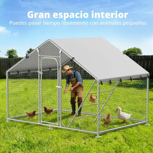 Vista 7 de Gallinero de metal con paso, 10 x 5 x 6.4 pies, jaula para aves de corral al aire libre, perca mejorada, cubierta impermeable y antiultravioleta