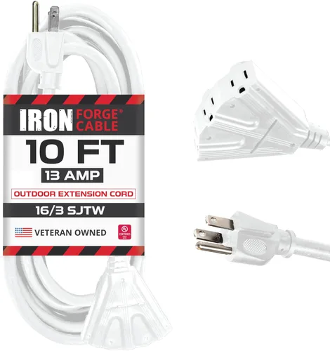 Iron Forge Cable Cable de extensión blanco de 10 pies para exteriores con 3 tomas, cable de extensión SJTW de 16/3 de 10 pies, 3 clavijas, cable de