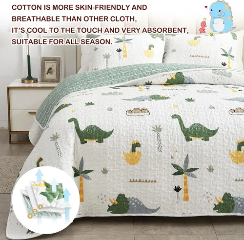 Vista 3 de Joyreap Juego de edredón de algodón de 2 piezas, tamaño individual, diseño de dinosaurio color verde para niños y niñas, funda de edredón suave