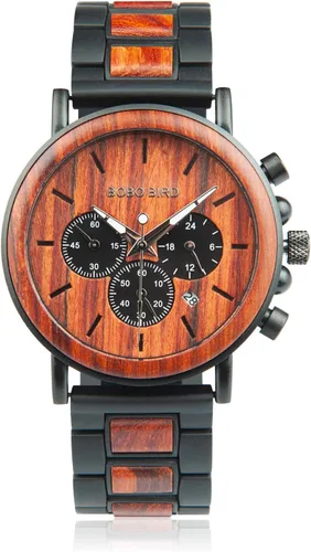 Vista 10 de BOBO BIRD Relojes de madera para hombre, con cronógrafo combinado de madera y acero inoxidable, cuarzo militar, relojes de pulsera casuales