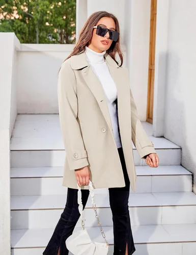 Vista 2 de Tanming Abrigo de invierno con doble botonadura para mujer, abrigo de lana negra, abrigo de manga larga