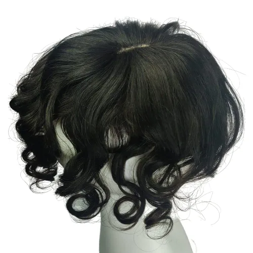 Vista 4 de Anemone Toppers humanos rizados y ondulados con clip con flequillo lateral, flecos, para mujeres, pelucas para pérdida de cabello suave, cubierta