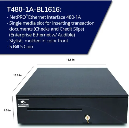 Vista 2 de APG Cajón de efectivo para punto de venta de servicio pesado de 16 pulgadas Serie 100 T480-1A-BL1616 Interfaz Ethernet NetPRO con funciones