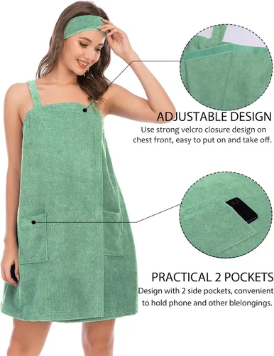 Vista 3 de Rubehoow - Bata de baño para mujer, envoltura de toalla con cierre de velcro ajustable con bolsillos y diadema facial