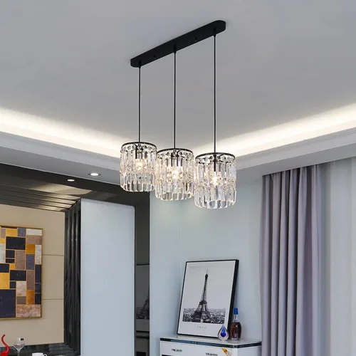 Vista 6 de Moderna lámpara colgante de cristal de 3 luces, acabado dorado mate, lámpara colgante ajustable de metal colgante