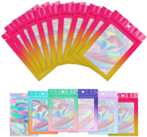 Vista 20 de Paquete de 100 bolsas holográficas de Mylar, bolsa de papel de aluminio transparente con cierre, bolsa de embalaje para almacenamiento de alimentos