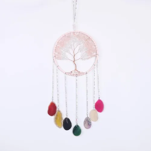Vista 12 de Atrapasueños de piedras preciosas de ágata con 7 chakras, árbol de la vida, atrapasueños con piedras de cristal, decoración de pared hecha a mano