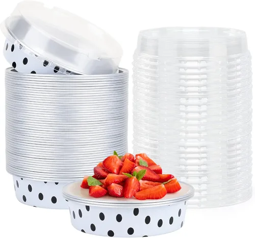 Vista 25 de Beasea Paquete de 20 Moldes para Cheesecake con Tapas, 8 Oz, 4 Pulgadas Moldes Redondos de Papel de Aluminio para Tartas, Contenedor para Muffins