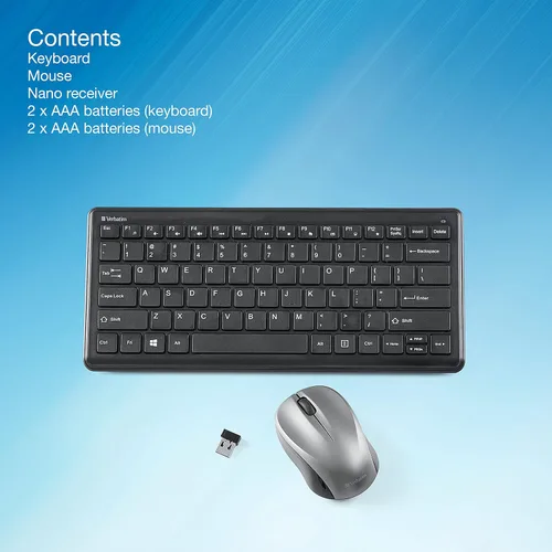 Vista 8 de Verbatim Combo de teclado y mouse inalámbricos, compacto y silencioso de 2.4 GHz, sin retrasos, mouse inalámbrico y teclado con receptor nano USB