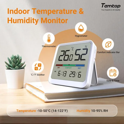 Vista 4 de Termómetro para interior y higrómetro de la marca Temtop, monitor digital de precisión de temperatura/humedad con imán y adhesivo de 3M, fecha