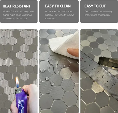 Vista 6 de Protector contra salpicaduras de acero inoxidable hexagonal despegar y pegar, azulejos de pared autoadhesivos de aluminio despegar y pegar