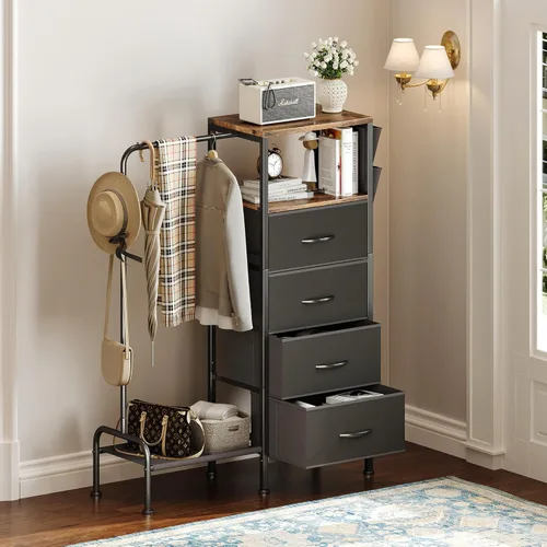 Vista 8 de Homeiju Cómoda con estante para colgar, cómoda reversible para dormitorio con 4 cajones y perchero y bolsillos laterales, cómoda con perchero, Negro