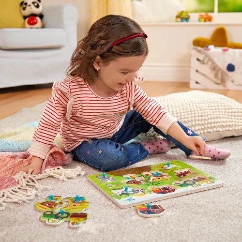 Vista 9 de B. toys Peek & Explore Puzzle 4 – Pack – Juguetes de madera para niños pequeños – 8 piezas cada uno – Vehículos, camiones, animales, corral – 2+ años