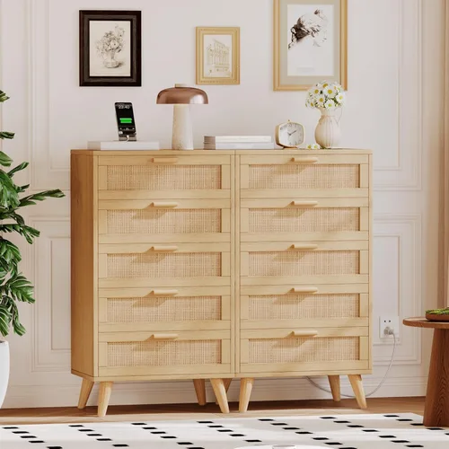 Vista 18 de Rovaurx Cómoda doble de 6 cajones para dormitorio, cómoda de ratán, cómoda de madera moderna con asas doradas, mesa auxiliar para armario, sala