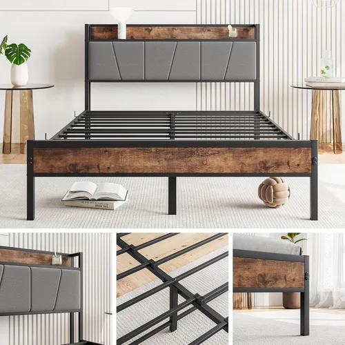 Vista 9 de BOFENG Base de cama de tamaño matrimonial con cabecera de almacenamiento, estación de carga USB, plataforma de metal resistente, marco de cama doble