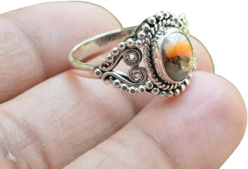 Vista 3 de 925 Sterling Silver Oyster Copper Turquoise Oval Ring, Handmade Boho Gemstone Jewelry for Women, Unique Designer Turquoise Rings, Christmas Gift