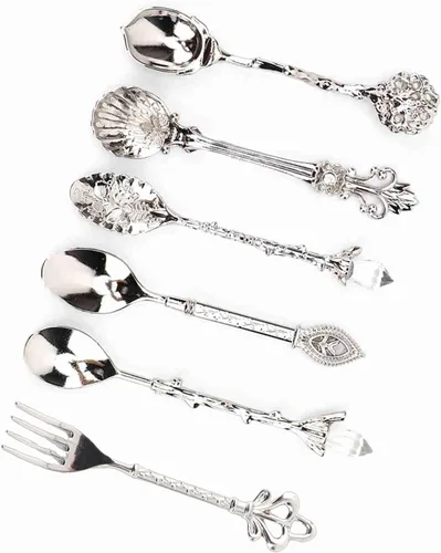 Vista 9 de Fdit 6 unids/set vintage tallado cuchara cucharadita retro aleación de zinc postre café vajilla cucharas cubiertos cocina (plata)