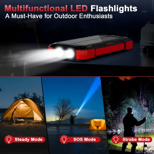Vista 6 de WONGKUO Cargador solar de batería - Cargador solar de teléfono de 49800 mAh con entrada USB-C, carga rápida QC 3.0 con linterna LED, 4 cables Rojo