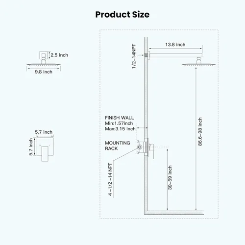 Vista 6 de gotonovo Sistema de ducha de lluvia negro mate de 10 pulgadas, cabezal de ducha de baño, mezclador de lujo, juego completo combinado de mango