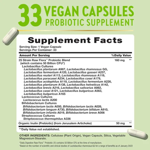 Vista 2 de Raw Flora Probióticos con prebióticos 50 mil millones de UFC 33 cápsulas digestivas diarias Suplemento vegano, sin OMG y sin gluten