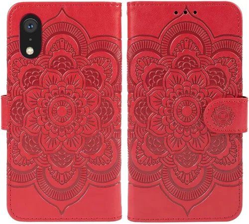 Vista 4 de Funda para iPhone XR, Apple XR Wallet Case con protector de pantalla de vidrio templado, mandala en relieve de cuero con tapa para tarjeta