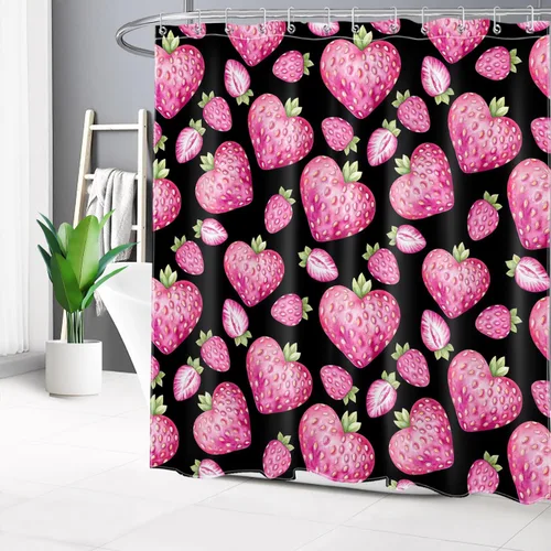 Vista 19 de LB Pink Strawberry Valentine's Day Shower Curtain for Bathroom,Creative Heart Shaped Strawberry with Green Leaf on Black Fabric Shower Curtain with