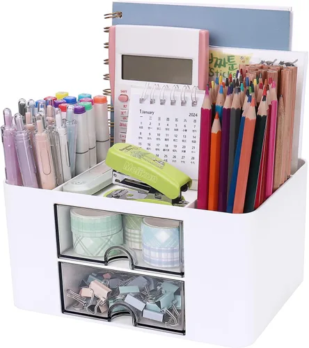 Meiikun Organizador de bolígrafos de plástico, organizador de escritorio multifuncional con 2 cajones, 4 compartimentos y una bandeja superior, 5
