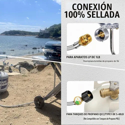 Vista 3 de Manguera adaptadora de propano de 4 pies, convertidor de 1 lb a 20 lb con medidor para tanque QCC1 conecta un aparato portátil de 1 lb a tanque
