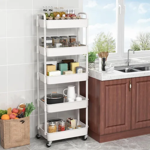 Vista 4 de Sywhitta - Carrito rodante de utilidad de plástico de 5 niveles con asa, carrito de almacenamiento multifuncional para oficina, sala de estar
