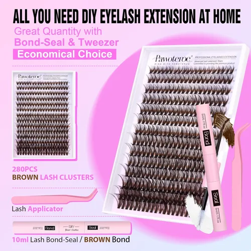 Vista 131 de Kit de extensión de pestañas Pawotence DIY 280 piezas, racimos de pestañas, kit de extensión de pestañas, 9-16mm, 30D, 40D, pestañas individuales