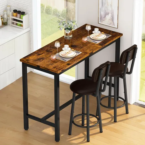 Vista 7 de AWQM Juego de 2 mesas de bar, mesa de bar industrial y sillas, juego de 2, mesa de barra de 3 piezas con 2 taburetes de respaldo, mesa de cocina