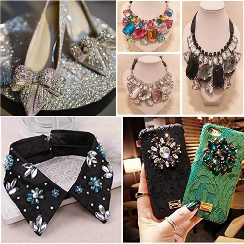 Vista 5 de 50 piezas de diamantes de imitación para coser, formas mixtas, diamantes de imitación negros de vidrio para coser en gemas de cristal, base plana