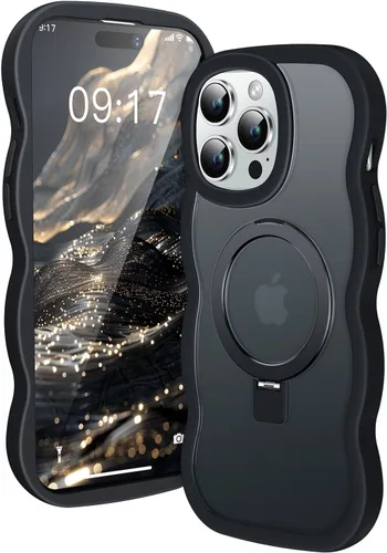 Funda [Cute Wave Frame+Mag Stand] Diseñada para iPhone 14 Pro Max, [Compatible con MagSafe] Funda protectora de silicona translúcida con anillo