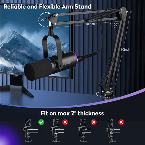 Vista 7 de Micrófono de podcast XLR/USB, micrófono para juegos con botón de silencio, efectos de reverberación, cancelación de ruido, soporte de brazo