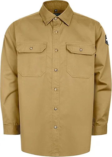 Vista 11 de Camisas FR grises para hombre, sarga de algodón de 7.5 onzas, manga larga, ajuste regular, cuello de punto, cuello Henley, 2 bolsillos de parche