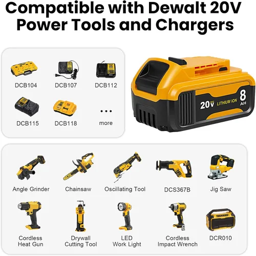 Vista 11 de Reemplazo de batería de 8.0Ah para batería Dewalt 20V MAX, con estación de cargador DCB112 Amarillo