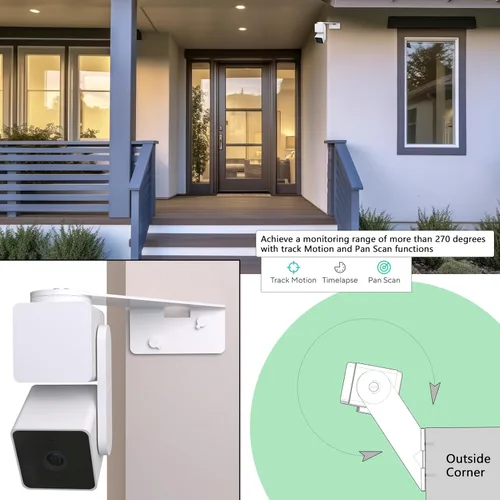 Vista 2 de Soporte de esquina exterior para cámara Wyze Pan V3 V4, material de aleación de aluminio, cobertura para monitorear ambos lados de tu casa