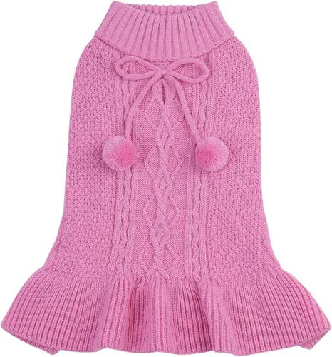 Vista 14 de CuteBone Suéter de Navidad para perro feo, suéter de invierno de punto de cuello alto verde con pompones artesanales, vestido con volantes